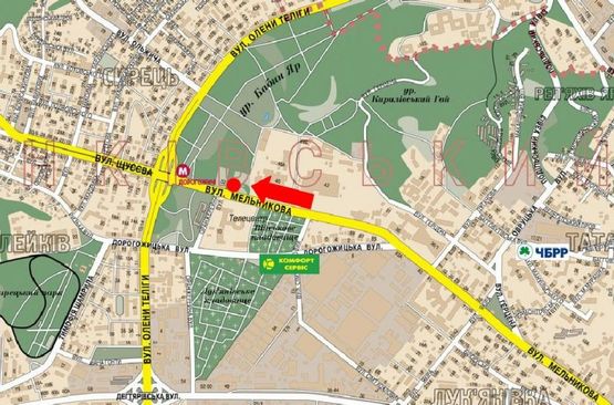 Схема рекламной плоскости по адресу Мельникова ул., 52 / ул. Оранжерейная, на светофоре, возле АЗС, в сторону ст. м. "Дорогожичи"