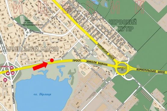 Схема рекламной плоскости по адресу Бажана пр., 7, напротив, из центра