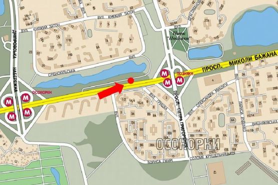 Схема рекламной плоскости по адресу Бажана пр. / Гмыри ул., 1-А, ст. м. "Позняки", из центра, правый