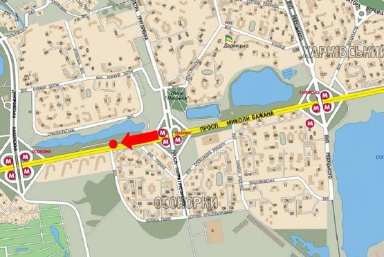 Схема рекламной плоскости по адресу Бажана пр., напротив клиники "Борис", ст. м. "Позняки", в центр, левый