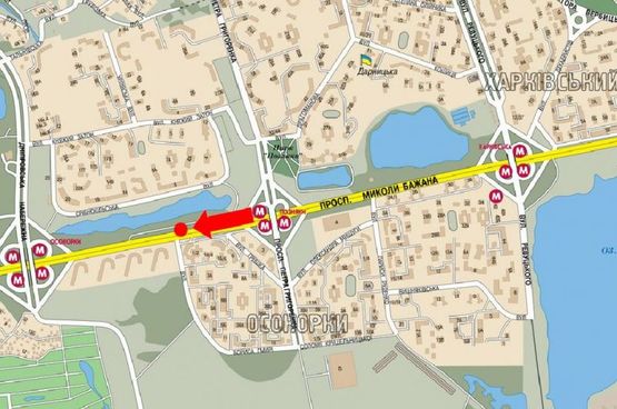 Схема рекламной плоскости по адресу Бажана пр., напротив клиники "Борис", ст. м. "Позняки", в центр, правый