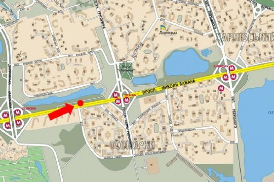 Схема рекламной плоскости по адресу Бажана пр., напротив клиники "Борис", ст. м. "Позняки", из центра, правый