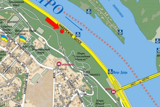 Схема рекламної площини за адресою Набережное шоссе, 1200м от моста Пешеходного в сторону ст. м. "Днепр" (справа)