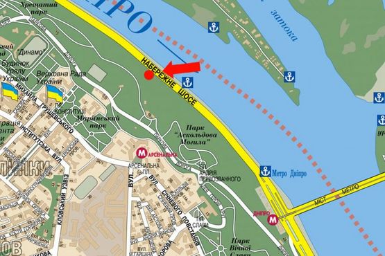 Схема рекламної площини за адресою Набережное шоссе, 1200м до Пешеходного моста, в сторону Почтовой пл.