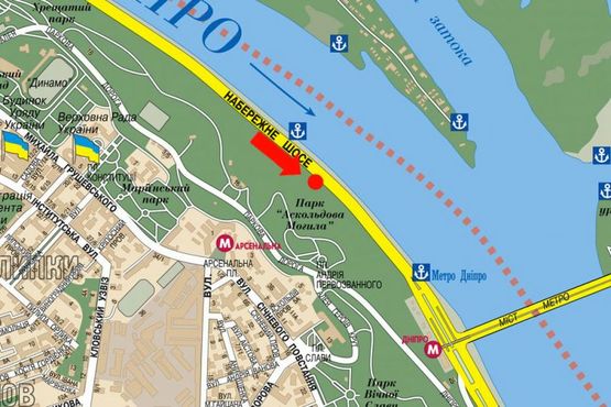 Схема рекламної площини за адресою Набережное шоссе, 800 м до моста метро (справа), в сторону ст. м. "Днепр"