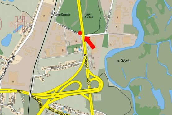 Схема рекламної площини за адресою Столичное шоссе / Новопироговская ул., напротив автосалона "Укравто","Mercedez", в центр