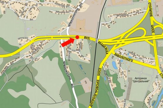 Схема рекламної площини за адресою Заболотного ул. / Пироговский путь ул. (бывш. Краснознаменная ул.), АЗС "Amic", разделитель, в сторону ТРЦ "ART Mall", Столичное шоссе