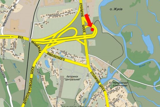 Схема рекламної площини за адресою Заболотного ул., выезд на мост со Столичное шоссе, перед ТРЦ "ART Mall", в сторону Одесская пл.