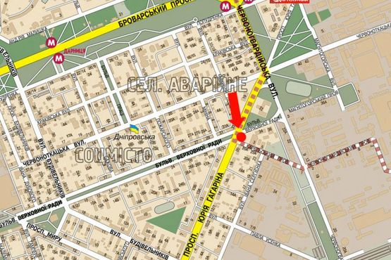 Схема рекламной плоскости по адресу Гагарина пр. / Верховного Совета бул. , возле перехода, в сторону Дарницкой пл. (бывш. Ленинградская пл.)