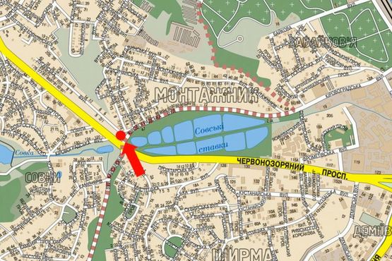 Схема рекламної площини за адресою Кировоградская ул., 114, разделитель, в сторону Гринченка ул.