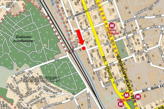 Схема рекламной плоскости по адресу Малевича ул. (бывш. Боженка ул.), 86 / Байковая ул., на светофоре, в сторону Антоновича ул. (бывш. Горького ул.), ст. м. "Лыбедская"