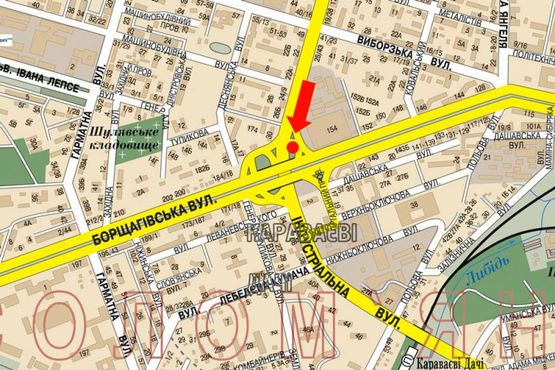 Схема рекламной плоскости по адресу Гетьмана ул., заезд на Борщаговскую ул., возле ТРЦ "Аркадия", супермаркет "Сильпо", в сторону Комарова пр.