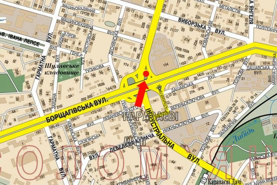 Схема рекламной плоскости по адресу Гетьмана ул., заезд на Борщаговскую ул., возле ТРЦ "Аркадия", супермаркет "Сильпо", в центр