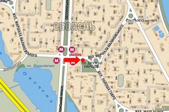 Схема рекламної площини за адресою Малиновского ул. / Иорданская ул. (бывш. Гавро ул.), возле "Центр дозвілля", в сторону Оболонская пл.