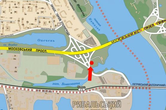 Схема рекламной плоскости по адресу Набержно-Крещатикская ул., выезд на мост Московский, в сторону Троещины