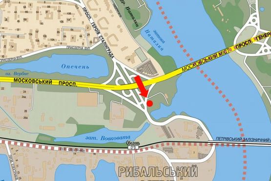 Схема рекламної площини за адресою Электриков ул., съезд с Бандеры пр. (бывш. Московский пр.) на Героев Сталинграда пр., в сторону Оболони