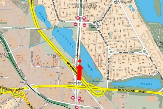 Схема рекламной плоскости по адресу Оболонский пр., 200м от моста по Богатирская ул., справа, в сторону ст. м. "Оболонь"