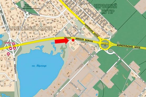 Схема рекламной плоскости по адресу Бажана пр., 1 / Днепродзержинская ул., в сторону Харьковская пл., левый