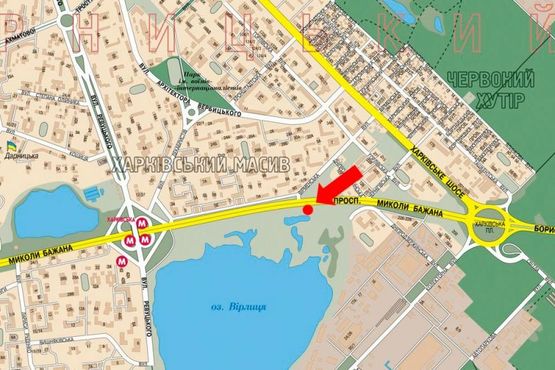 Схема рекламної площини за адресою Бажана пр., перед заездом на АЗС "Золотой Гепард", в сторону ст. м. "Харьковская"