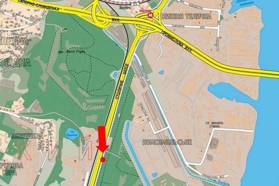 Схема рекламної площини за адресою Столичное шоссе, возле заезда на насосную станцию "Мышеловская", разделитель, в сторону Науки пр.