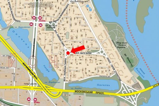 Схема рекламной плоскости по адресу Иорданская ул. (бывш. Гавро ул.) / Архипенка ул. (бывш. Залки ул.), клумба, в сторону Оболонская пл.