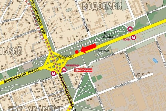 Схема рекламной плоскости по адресу Броварской пр., 850м от ст. м. "Лесная", в сторону ст. м. "Черниговская"