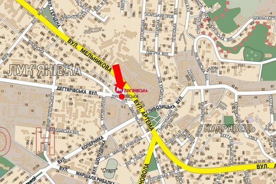 Схема рекламной плоскости по адресу Лукьяновская пл., рынок "Лукьяновский", супермаркет "Сильпо", ТРЦ "Квадрат", в сторону Дегтяревская ул.