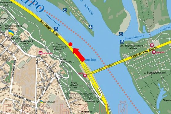 Схема рекламной плоскости по адресу Набережное шоссе, 600м от ст. м. "Днепр", в сторону Почтовая пл.