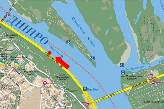 Схема рекламной плоскости по адресу Набережное шоссе, 1100м от ст. м. "Днепр", в сторону Почтовая пл.