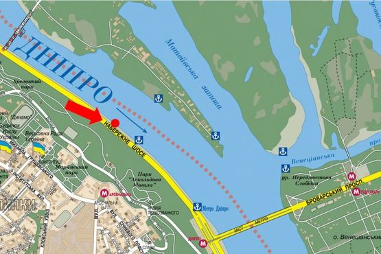 Схема рекламной плоскости по адресу Набережное шоссе, 1100м от ст. м. "Днепр", в сторону ст. м. "Днепр"