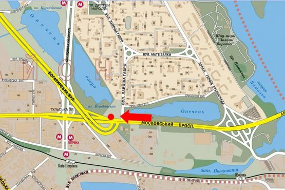 Схема рекламной плоскости по адресу Бандеры пр. (бывш. Московский пр.), 250м до выезда на Богатырская ул., правый, в сторону ст. м. "Почайна" (бывш. ст. м. "Петровка")