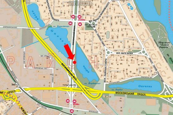 Схема рекламної площини за адресою Оболонский пр., 200м от моста по Богатирская ул., слева, в сторону ст. м. "Почайна" (бывш. ст. м. "Петровка")
