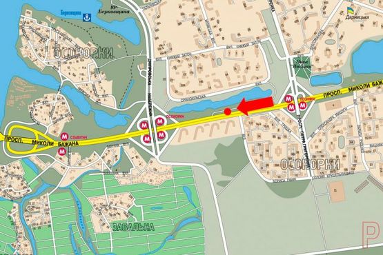 Схема рекламной плоскости по адресу Бажана пр., 16, напротив, в сторону мост Южный