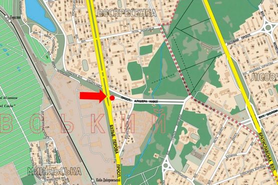 Схема рекламної площини за адресою Навои пр., 88, напротив, в сторону рынка "Юность"