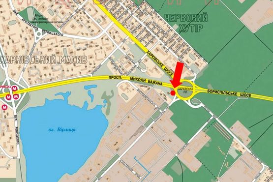 Схема рекламної площини за адресою Харьковская пл., съезд с Бажана пр. на Коллекторную ул., в сторону Борисполя, левая