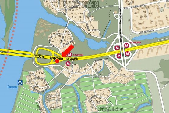 Схема рекламної площини за адресою Бажана пр., перед въездом на мост Южный, возле АЗС "Amic"