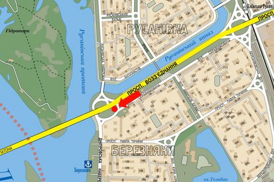 Схема рекламної площини за адресою Миколайчука ул. (бывш.Серафимовича ул.), съезд с мост Патона на Русановская набережная, в сторону Русановская набережная