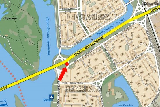 Схема рекламної площини за адресою Миколайчука ул. (бывш.Серафимовича ул.), заезд с Днепровская набережная на Миколайчука ул. (бывш. Серафимовича ул.), в сторону Березняковская ул.