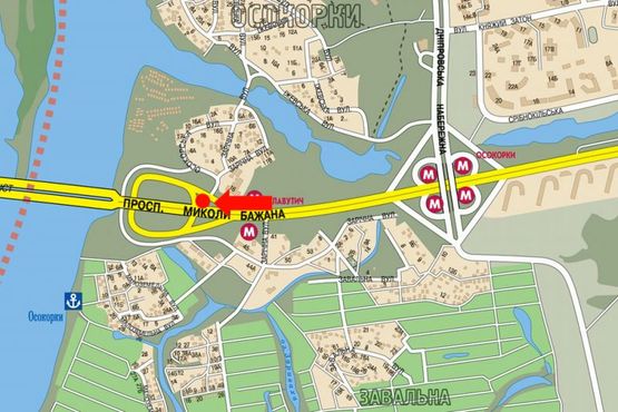 Схема рекламной плоскости по адресу Бажана пр., ст. м. "Славутич", выезд на Бажана пр., в сторону ст. м. "Харьковская"