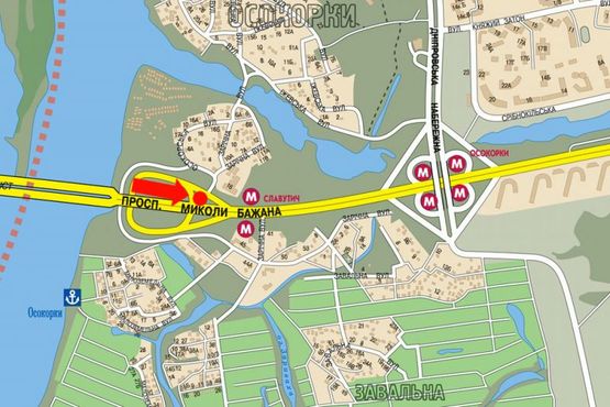 Схема рекламної площини за адресою Бажана пр., ст. м. "Славутич", выезд на Бажана пр., в сторону мост Южный