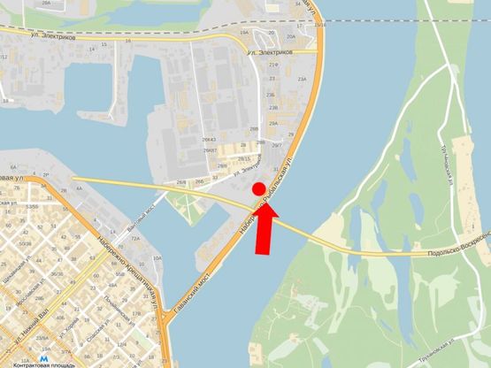 Схема рекламной плоскости по адресу Набережно-Рыбальская ул., 100м за мостом, в сторону Оболони, мост Московский