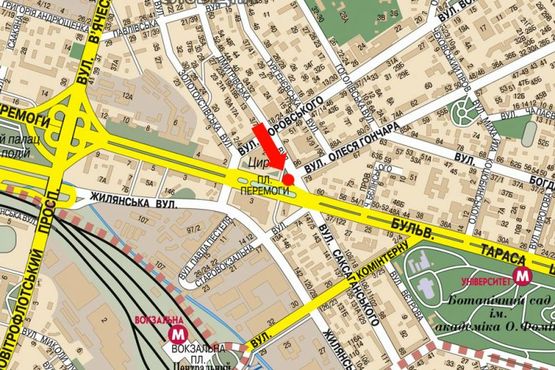 Схема рекламної площини за адресою Победы пл., 2 / Дмитриевская ул., напротив супермаркета "Сильпо", в сторону Шевченко бул., Жилянская ул.