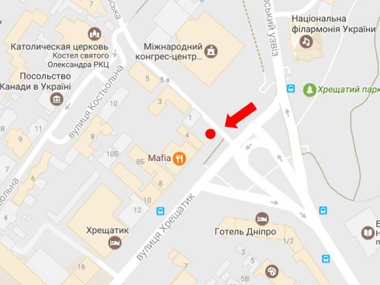 Схема рекламной плоскости по адресу Крещатик ул., 4 / Трехсвятительская ул., в сторону Независимости пл.