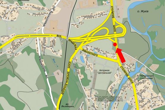 Схема рекламної площини за адресою Столичное шоссе - ул. Заболотного, 300 м. до ТЦ "Домосфера", возле авторынка, в центр