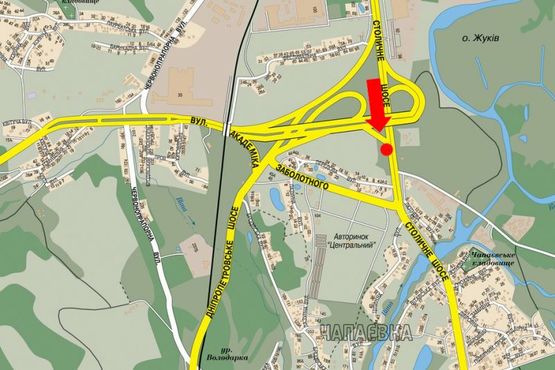 Схема рекламної площини за адресою Столичное шоссе - ул. Заболотного, напротив АЗС, возле авторынка, из центра