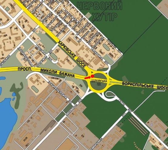 Схема рекламної площини за адресою Бажана пр. / Харьковская пл., на светофоре, в сторону а/п "Борисполь"