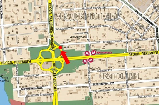 Схема рекламної площини за адресою Победы пр. / пр. Палладина, в сторону ст. м. "Академгородок"