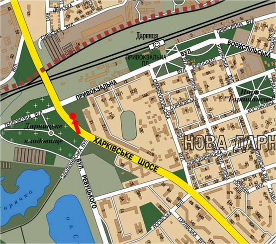 Схема рекламної площини за адресою Харьковское шоссе, перед поворотом на ж/д вокзал Дарница, в сторону Дарницкая пл. (бывш. Ленинградская пл.)