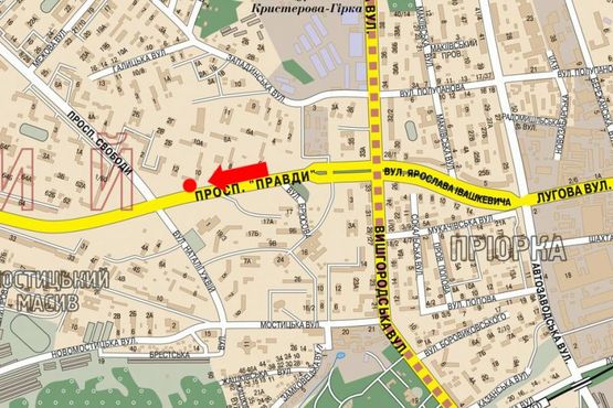 Схема рекламної площини за адресою Правды пр., 165 м от ул. Н. Ужвий, разделитель, в сторону пр. Свободы