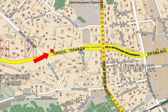 Схема рекламной плоскости по адресу Правды пр., 165 м от ул. Н. Ужвий, разделитель, в сторону ул. Вышгородской, ТРЦ "Караван"